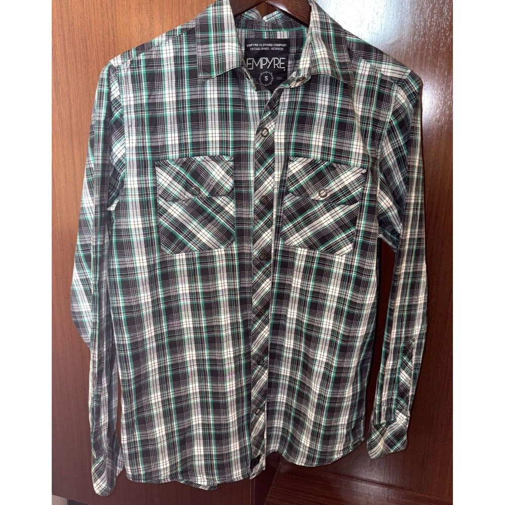 Empyre Men's Snap Front Long Sleeve Plaid Shirt Sz S Black, Green, White